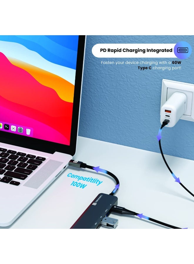 بورترونيكس Portronics Mport 52 USB C Hub Dock (7-in-1), Multiport Adapter with 4K HDMI, 60 W PD Charging, USB 3.0/2.0 & USB Type-C Data Ports at up to 10 Gbps, microSD & SD Card Reader for Laptops(Grey) - Image 2